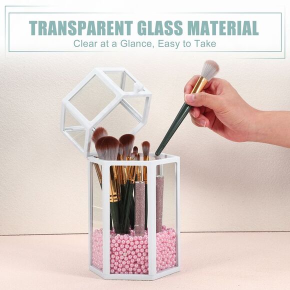 Clear Dustproof Hexagon Makeup Brush Storage Box with Pink Faux Pearl White - Picture 5 of 6